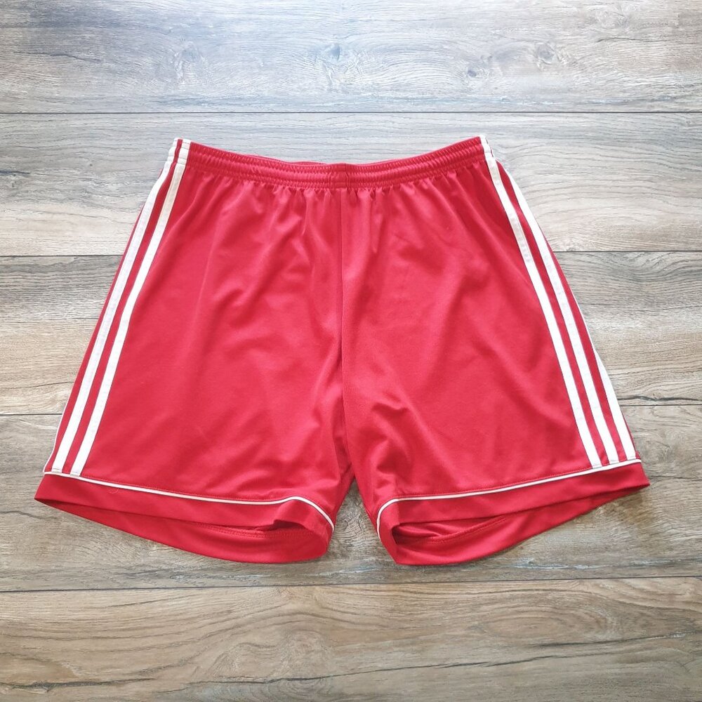 Adidas Red Athletic Shorts XL Men Polyester With White Stripes Elastic Waistband